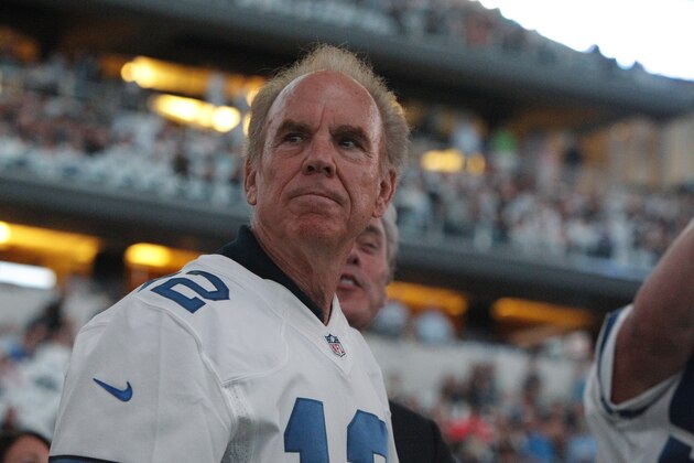 Former Dallas Cowboys quarterback Roger Staubach looks on from the sidelines before the start of the first half of an NFL football game against the Washington Redskins, Monday, Oct. 27, 2014, in Arlington, Texas. Washington won 20-17 in overtime. (AP Photo/Brandon Wade)