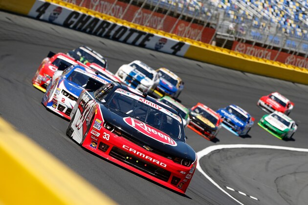 CHARLOTTE, NC - MAY 23: Austin Dillon, driver of the #33 Rheem Chevrolet, leads a pack of cars during the NASCAR XFINITY Series Hisense 300 at Charlotte Motor Speedway on May 23, 2015 in Charlotte, North Carolina.  (Photo by Brian Lawdermilk/Getty Images)