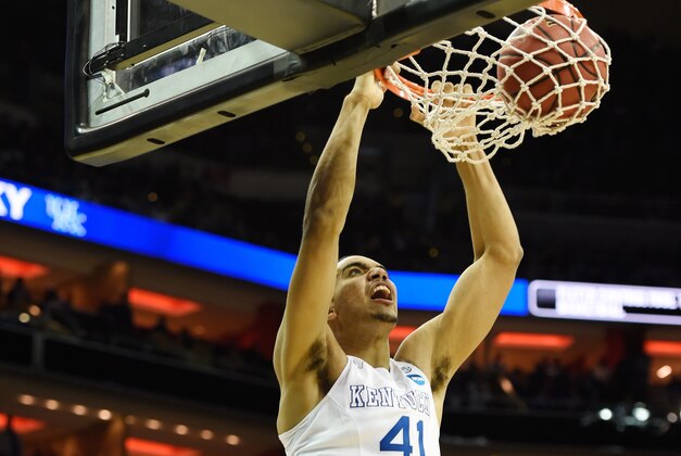 Mar 19, 2015; Louisville, KY, USA; Kentucky Wildcats forward Trey Lyles (41) shoots the ball during the first half against the Hampton Pirates in the second round of the 2015 NCAA Tournament at KFC Yum! Center. Mandatory Credit: Jamie Rhodes-USA TODAY Sports