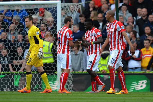 STOKE ON TRENT, ENGLAND - MAY 24: Mame Diouf of Stoke City celebrates scoring their first goal during the Barclays Premier League match between Stoke City and Liverpool at Britannia Stadium on May 24, 2015 in Stoke on Trent, England.  (Photo by Tony Marshall/Getty Images)
