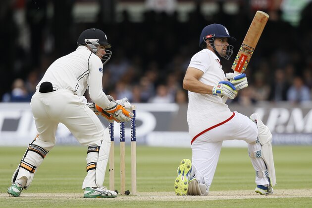 England's Alastair Cook plays a shot off the bowling of New Zealand's Mark Craig during the fourth day of the first Test match between England and New Zealand at Lord's cricket ground in London, Sunday, May 24, 2015. (AP Photo/Kirsty Wigglesworth)