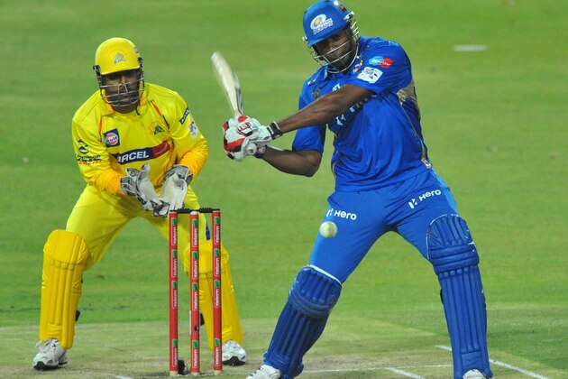 JOHANNESBURG, SOUTH AFRICA - OCTOBER 20: Kieron Pollard of Mumbai hits a six during the Karbonn Smart CLT20 match between Chennai Super Kings and Mumbai Indians at Bidvest Wanderers Stadium on October 20, 2012 in Johannesburg, South Africa. (Photo by Duif du Toit / Gallo Images/Getty Images)