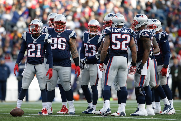 Dec 28, 2014; Foxborough, MA, USA; The New England Patriots defense on the field against the Buffalo Bills in the second half at Gillette Stadium. Buffalo Bills defeated the Patriots 17-9. Mandatory Credit: David Butler II-USA TODAY Sports