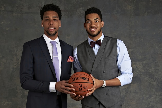 NEW YORK - MAY 19: Draft Prospects Jahlil Okafor and  Karl Anthony Towns poses for some portraits prior to the 2015 NBA Draft Lottery on May 19, 2015 at the NBA Headquarters in New York City.  NOTE TO USER: User expressly acknowledges and agrees that, by downloading and/or using this photograph, user is consenting to the terms and conditions of the Getty Images License Agreement. Mandatory Copyright Notice: Copyright 2015 NBAE (Photo by Jennifer Pottheiser/NBAE via Getty Images)