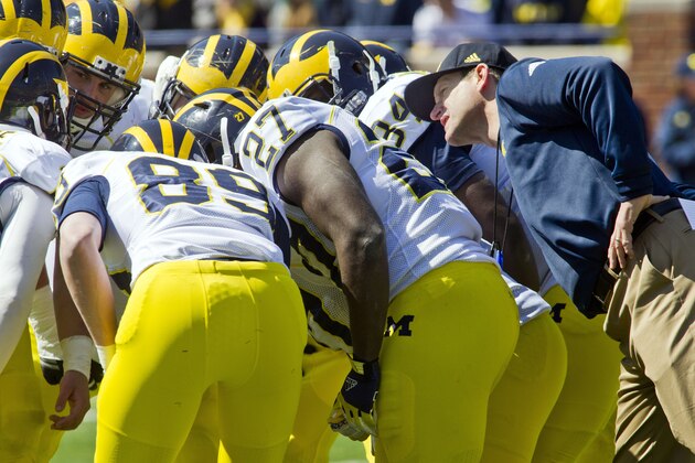 Michigan head coach Jim Harbaugh, right, leans in to listen in on a huddle during the NCAA college football team's spring game in Ann Arbor, Mich., Saturday, April 4, 2015. (AP Photo/Tony Ding)