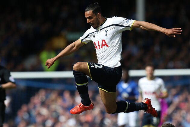 LIVERPOOL, ENGLAND - MAY 24: Nacer Chadli of Spurs and John Stones of Everton compete for the ball during the Barclays Premier League match between Everton and Tottenham Hotspur at Goodison Park on May 24, 2015 in Liverpool, England.  (Photo by Jan Kruger/Getty Images)