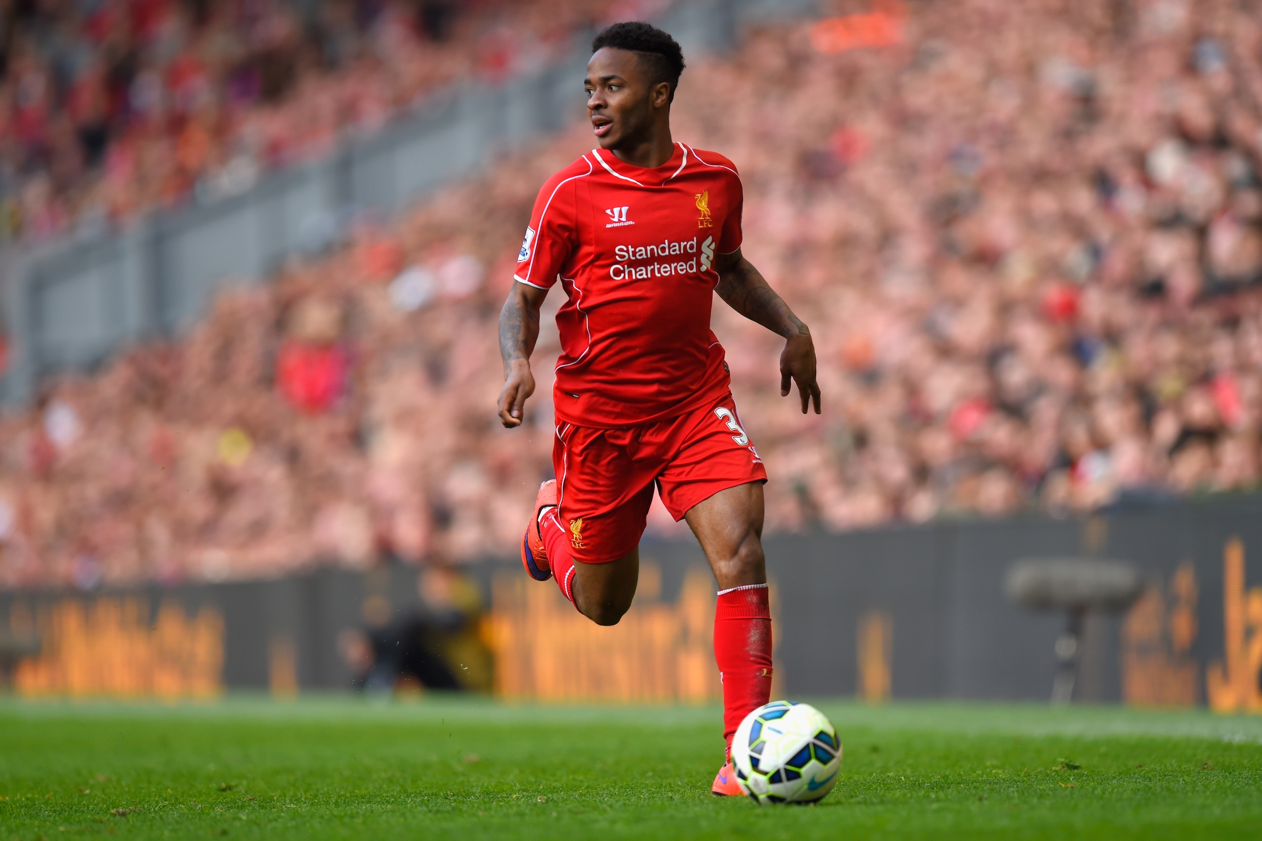 LIVERPOOL, ENGLAND - MAY 16: Raheem Sterling of Liverpool in action during the Barclays Premier League match betrween Liverpool and Crystal Palace at Anfield on May 16, 2015 in Liverpool, England. (Photo by Stu Forster/Getty Images) LIVERPOOL, ENGLAND - MAY 16: Raheem Sterling of Liverpool in action during the Barclays Premier League match betrween Liverpool and Crystal Palace at Anfield on May 16, 2015 in Liverpool, England. (Photo by Stu Forster/Getty Images)