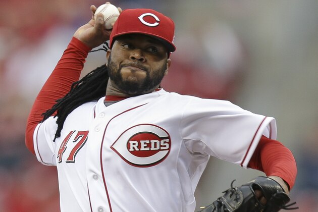 Cincinnati Reds starting pitcher Johnny Cueto throws in the first inning of a baseball game against the San Francisco Giants, Thursday, May 14, 2015, in Cincinnati. The Reds won 4-3. (AP Photo/John Minchillo)