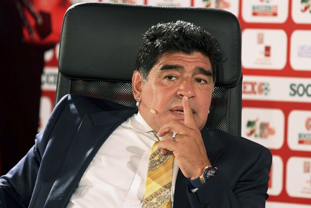 Argentina football legend Diego Maradona speaks on the second day of the SoccerEx Asian Forum conference in Southern Shuneh, Jordan, Monday, May 4, 2015. (AP Photo/Raad Adayleh)