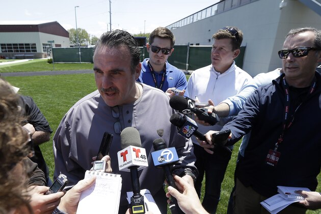 San Francisco 49ers head coach Jim Tomsula speaks to reporters at a football rookie minicamp at an NFL facility in Santa Clara, Calif., Friday, May 15, 2015. (AP Photo/Jeff Chiu)
