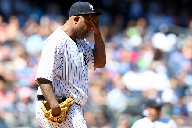 NEW YORK, NY - MAY 23:  CC Sabathia #52 of the New York Yankees reacts in the third inning against the Texas Rangers on May 23, 2015 at Yankee Stadium in the Bronx borough of New York City.  (Photo by Elsa/Getty Images)