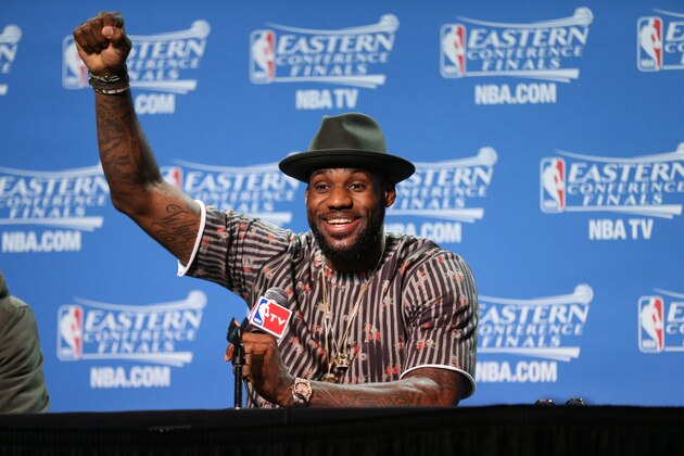 CLEVELAND, OH - MAY 24:  LeBron James #23 of the Cleveland Cavaliers speaks at the post game press conference after Game Three of the Eastern Conference Finals against the Atlanta Hawks during the 2015 NBA Playoffs on May 24, 2015 at Quicken Loans Arena in Cleveland, Ohio.  NOTE TO USER: User expressly acknowledges and agrees that, by downloading and or using this Photograph, user is consenting to the terms and conditions of the Getty Images License Agreement. Mandatory Copyright Notice: Copyright 2015 NBAE (Photo by Nathaniel S. Butler/NBAE via Getty Images)