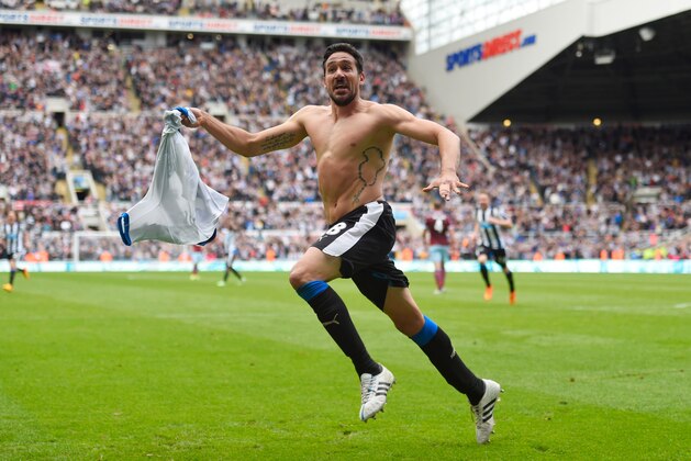 NEWCASTLE UPON TYNE, ENGLAND - MAY 24:  Jonas Gutierrez of Newcastle United celebrates scoring his team's second goal during the Barclays Premier League match between Newcastle United and West Ham United at St James' Park on May 24, 2015 in Newcastle upon Tyne, England.  (Photo by Stu Forster/Getty Images)