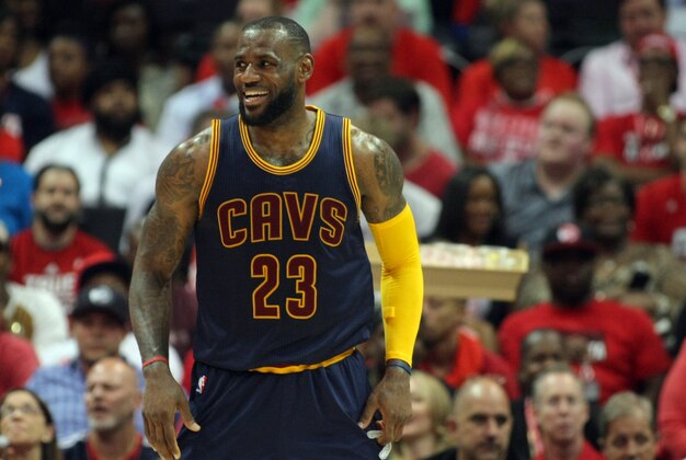 May 22, 2015; Atlanta, GA, USA; Cleveland Cavaliers forward LeBron James (23) reacts during the second quarter in game two of the Eastern Conference Finals of the NBA Playoffs against the Atlanta Hawks at Philips Arena. Mandatory Credit: Brett Davis-USA TODAY Sports