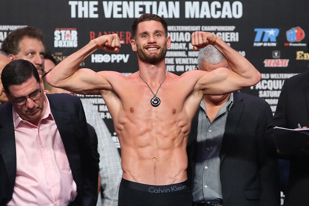 MACAU - NOVEMBER 22:  Chris Algieri steps on the scales during the official weigh in at The Venetian on November 22, 2014 in Macau. Algieri  will challenge Pacquiao for the WBO world welterweight title in Macau.  (Photo by Chris Hyde/Getty Images)