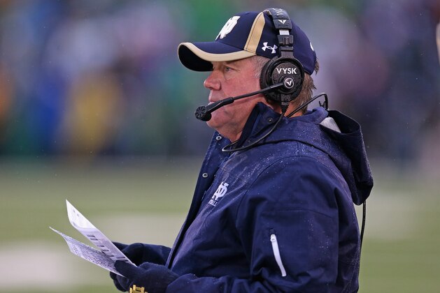 SOUTH BEND, IN - OCTOBER 04:  Head coach Brian Kelly of the Notre Dame Fighting Irish watches as his team takes on the Standford Cardinal at Notre Dame Stadium on October 4, 2014 in South Bend, Indiana. Notre Dame defeated Standford 17-14.  (Photo by Jonathan Daniel/Getty Images)