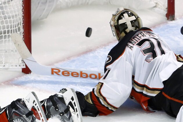 Anaheim Ducks goalie Frederik Andersen looks at the goal by Chicago Blackhawks center Antoine Vermette during the second overtime in Game 4 of the Western Conference finals of the NHL hockey Stanley Cup playoffs, Saturday, May 23, 2015, in Chicago. The Blackhawks won 5-4. (AP Photo/Charles Rex Arbogast)