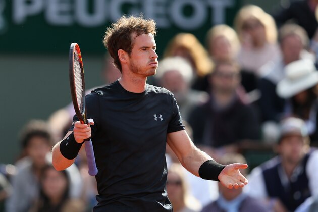 PARIS, FRANCE - MAY 25:  Andy Murray of Great Britain reacts in his Men's Singles match against  Facundo Arguello of Argentina on day two of the 2015 French Open at Roland Garros on May 25, 2015 in Paris, France.  (Photo by Clive Mason/Getty Images)