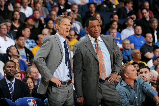 OAKLAND, CA - MARCH 18: Head Coach Steve Kerr and assistant Alvin Gentry during a game against the Atlanta Hawks on March 18, 2015 at Oracle Arena in Oakland, California. NOTE TO USER: User expressly acknowledges and agrees that, by downloading and or using this photograph, user is consenting to the terms and conditions of Getty Images License Agreement. Mandatory Copyright Notice: Copyright 2015 NBAE (Photo by Noah Graham/NBAE via Getty Images)