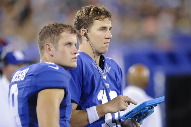 New York Giants quarterback Eli Manning (10) and quarterback Ryan Nassib (9) watch play from the sidelines against the Pittsburgh Steelers in the fourth quarter of a preseason NFL football game, Saturday, Aug. 9, 2014, in East Rutherford, N.J. (AP Photo/Bill Kostroun)