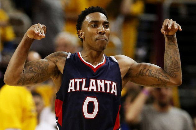 CLEVELAND, OH - MAY 24:  Jeff Teague #0 of the Atlanta Hawks reacts in overtime against the Cleveland Cavaliers during Game Three of the Eastern Conference Finals of the 2015 NBA Playoffs at Quicken Loans Arena on May 24, 2015 in Cleveland, Ohio. NOTE TO USER: User expressly acknowledges and agrees that, by downloading and or using this Photograph, user is consenting to the terms and conditions of the Getty Images License Agreement.  (Photo by Gregory Shamus/Getty Images)