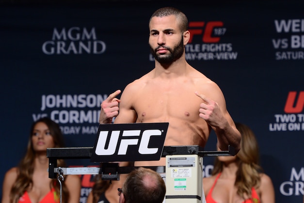 May 22, 2015; Las Vegas, NV, USA; John Makdessi weighs in for his lightweight bout against Donald Cerrone (not pictured) at MGM Grand Ballroom. Mandatory Credit: Joe Camporeale-USA TODAY Sports