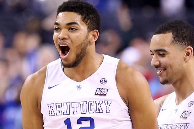 INDIANAPOLIS, IN - APRIL 04:  Karl-Anthony Towns #12 of the Kentucky Wildcats reacts after a play in the second half against the Wisconsin Badgers during the NCAA Men's Final Four Semifinal at Lucas Oil Stadium on April 4, 2015 in Indianapolis, Indiana.  (Photo by Andy Lyons/Getty Images)