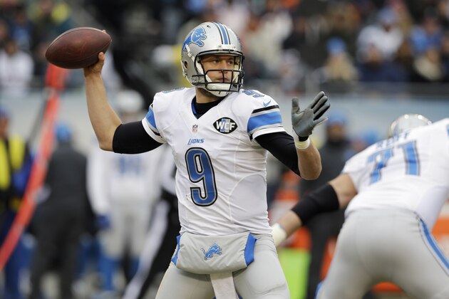 Detroit Lions quarterback Matthew Stafford (9) throws a pass in the first half of an NFL football game against the Chicago Bears Sunday, Dec. 21, 2014, in Chicago. (AP Photo/Nam Y. Huh)