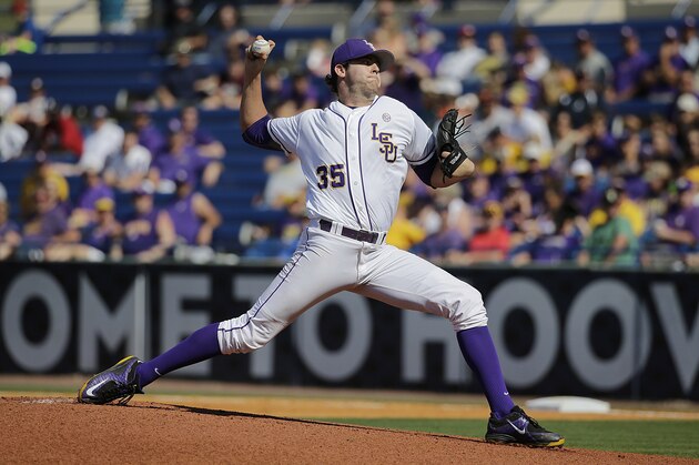 LSU pitcher Alex Lange delivers against Florida during the first inning of a Southeastern Conference college baseball tournament game at the Hoover Met, Saturday, May 23, 2015, in Hoover, Ala. (AP Photo/Brynn Anderson)