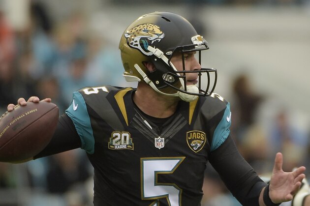 Jacksonville Jaguars quarterback Blake Bortles (5) throws a pass during the first half of an NFL football game against the Houston Texans in Jacksonville, Fla., Sunday, Dec. 7, 2014. (AP Photo/Phelan M. Ebenhack)