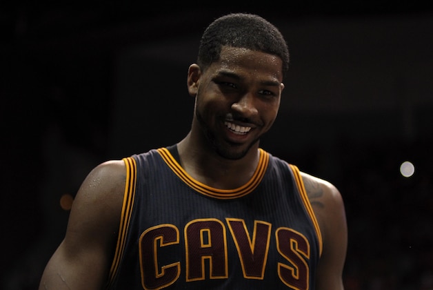 May 22, 2015; Atlanta, GA, USA; Cleveland Cavaliers center Tristan Thompson (13) reacts during the third quarter in game two of the Eastern Conference Finals of the NBA Playoffs against the Atlanta Hawks at Philips Arena. Mandatory Credit: Brett Davis-USA TODAY Sports