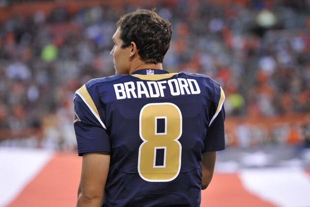 St. Louis Rams quarterback Sam Bradford (8) stands on the field against the Cleveland Browns prior to a preseason NFL football game Saturday, August 23, in Cleveland. St. Louis won 33-14. (AP Photo/David Richard)