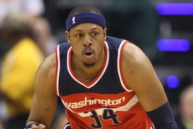 Apr 14, 2015; Indianapolis, IN, USA; Washington Wizards forward Paul Pierce (34) brings the ball up court against the Indiana Pacers at Bankers Life Fieldhouse. Mandatory Credit: Brian Spurlock-USA TODAY Sports