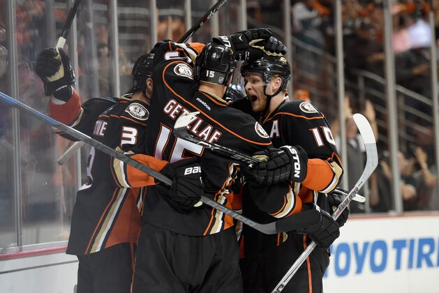 ANAHEIM, CA - MAY 25:  Patrick Maroon #19 of the Anaheim Ducks celebrates scoring a goal with teammate Clayton Stoner #3, Ryan Getzlaf #15, Corey Perry #10 and Sami Vatanen #45 in the third period of Game Five of the Western Conference Finals against the Chicago Blackhawks during the 2015 NHL Stanley Cup Playoffs at Honda Center on May 25, 2015 in Anaheim, California.  (Photo by Harry How/Getty Images)