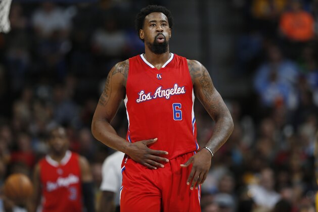 Los Angeles Clippers center DeAndre Jordan (6) looks on against the Denver Nuggets in the third quarter of an NBA basketball game Saturday, April 4, 2015, in Denver. The Clippers won 107-92. (AP Photo/David Zalubowski)