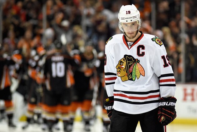 ANAHEIM, CA - MAY 25:  Jonathan Toews #19 of the Chicago Blackhawks reacts after the Anaheim Ducks scored in overtime to win Game Five of the Western Conference Finals during the 2015 NHL Stanley Cup Playoffs at Honda Center on May 25, 2015 in Anaheim, California. Matt Beleskey #39 of the Anaheim Ducks scored the game winning goal to win the game 5-4. (Photo by Harry How/Getty Images)