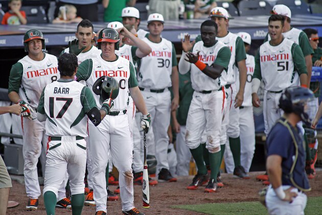 Miami's Christopher Barr (17) is congratulated on his home run by teammates during the ninth inning of an NCAA college ACC tournament baseball game against Notre Dame in Durham, N.C., Saturday, May 23, 2015. Miami won 6-5. (AP Photo/Karl B DeBlaker)
