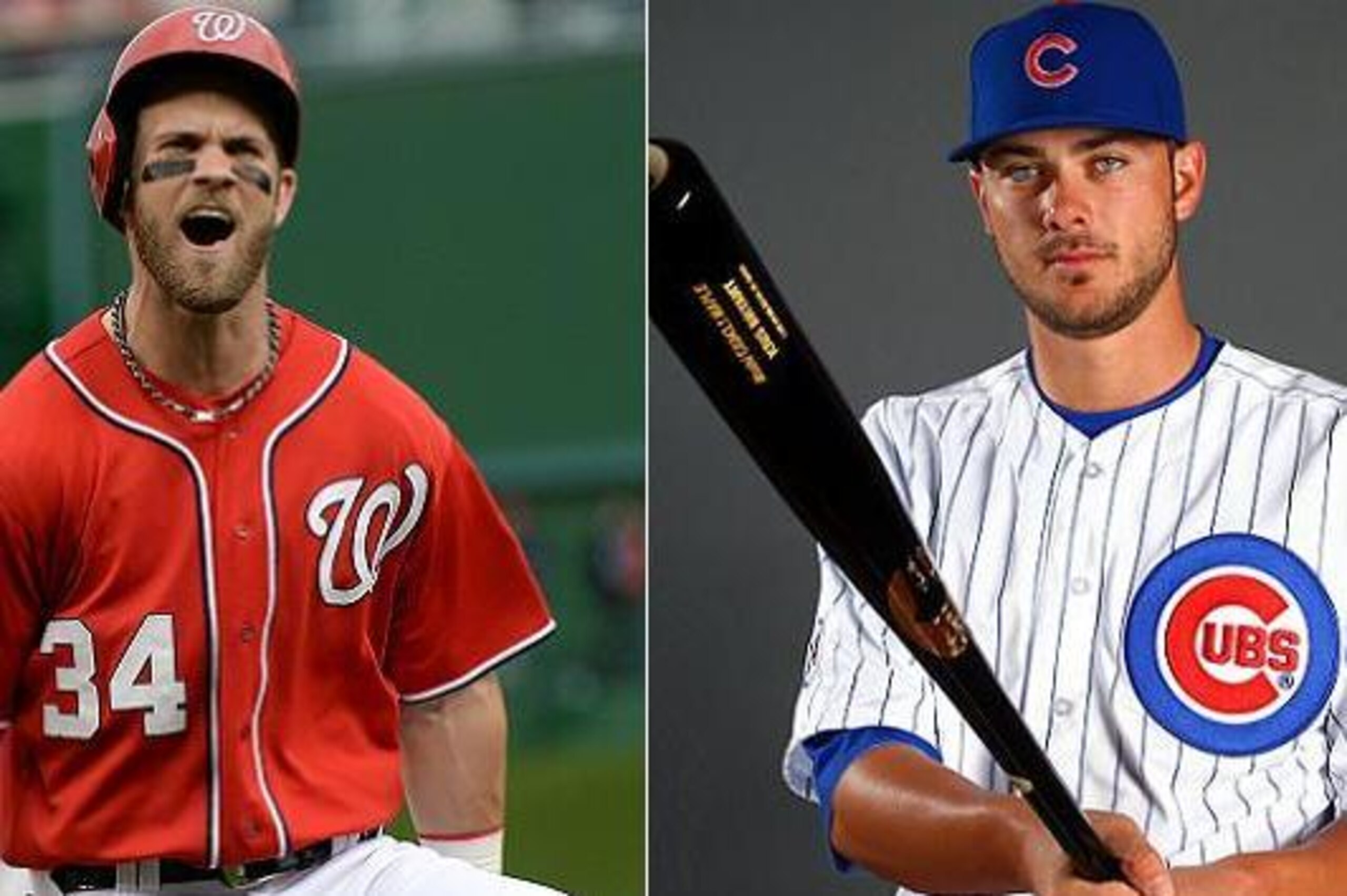 Washington Nationals' Bryce Harper (34) looks to Chicago Cubs third baseman Kris Bryant (17) after reaching third base during the fourth inning of a baseball game Monday, May 25, 2015, in Chicago. (AP Photo/Andrew A. Nelles)