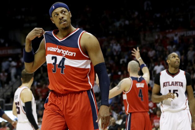 Washington Wizards' Paul Pierce, walks away after a confrontation with Atlanta Hawks' DeMarre Carroll, not pictured, in the third quarter of Game 5 of the second round of the NBA basketball playoffs Wednesday, May 13, 2015, in Atlanta. (AP Photo/John Bazemore)