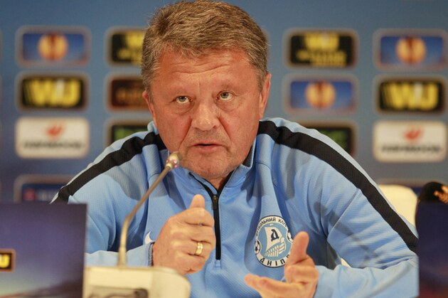 Dnipro Dnipropetrovsk coach Myron Markevych, during a news conference in Kiev, Ukraine, Wednesday, May 13, 2015. Dnipro will play against Napoli in Europa League Semi-finals, second leg soccer match Thursday. (AP Photo/Sergei Chuzavkov)