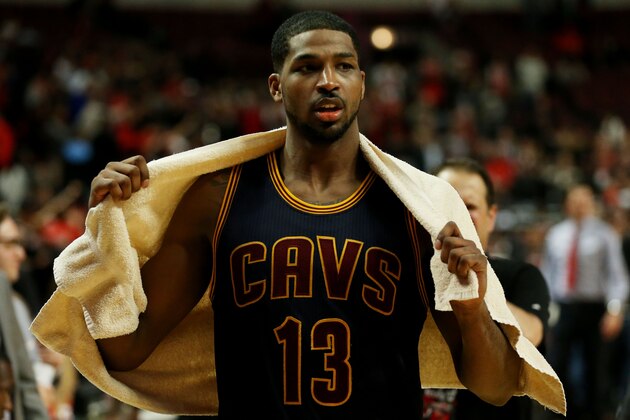 CHICAGO, IL - MAY 14:  Tristan Thompson #13 of the Cleveland Cavaliers reacts after their 94 to 73 win over the Chicago Bulls during Game Six of the Eastern Conference Semifinals of the 2015 NBA Playoffs at United Center on May 14, 2015 in Chicago, Illinois. NOTE TO USER: User expressly acknowledges and agrees that, by downloading and or using this photograph, User is consenting to the terms and conditions of the Getty Images License Agreement.  (Photo by Jonathan Daniel/Getty Images)