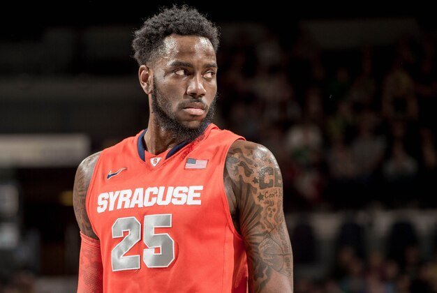 Feb 24, 2015; South Bend, IN, USA; Syracuse Orange forward Rakeem Christmas (25) looks toward the bench in the first half against the Notre Dame Fighting Irish at the Purcell Pavilion. Syracuse won 65-60. Mandatory Credit: Matt Cashore-USA TODAY Sports