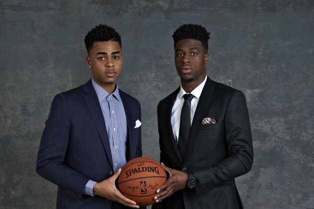 NEW YORK - MAY 19: Draft Prospect D'Angelo Russell and Emmanuel Mudiay poses for some portraits prior to the 2015 NBA Draft Lottery on May 19, 2015 at the NBA Headquarters in New York City.  NOTE TO USER: User expressly acknowledges and agrees that, by downloading and/or using this photograph, user is consenting to the terms and conditions of the Getty Images License Agreement. Mandatory Copyright Notice: Copyright 2015 NBAE (Photo by Jennifer Pottheiser/NBAE via Getty Images)