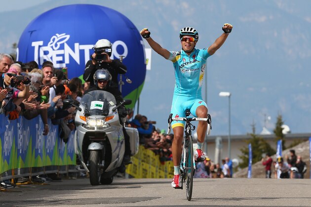 TRENTO, ITALY - APRIL 25: Mikel Landa of Spain and Astana Pro Racing celebrates victory during stage four of the Giro del Trentino from Val Daone to Monte Bondone on April 25, 2014 in Trento, Italy.  (Photo by Michael Steele - Velo/Getty Images)
