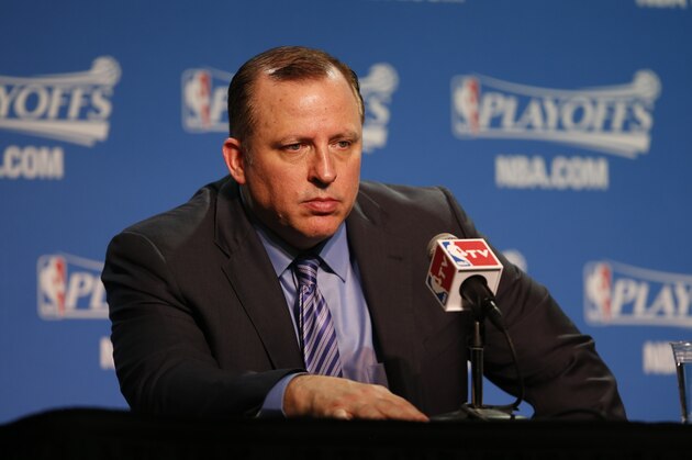 CLEVELAND, OH - MAY 12:  Head coach Tom Thibodeau of the Chicago Bulls speaks at the post game press conference after Game Five of the Eastern Conference Semifinals against the Cleveland Cavaliers during the 2015 NBA Playoffs on May 12, 2015 at The Quicken Loans Arena in Cleveland, Ohio. NOTE TO USER: User expressly acknowledges and agrees that, by downloading and/or using this Photograph, user is consenting to the terms and conditions of the Getty Images License Agreement. Mandatory Copyright Notice: Copyright 2015 NBAE (Photo by Gregory Shamus/NBAE via Getty Images)