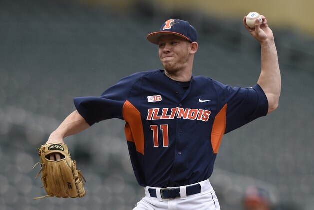 Illinois relief pitcher Tyler Jay (11) delivers against Michigan during the seventh inning of a fourth-round NCAA Big Ten tournament college baseball game Saturday, May 23, 2015, in Minneapolis. Michigan won 5-3. (AP Photo/Hannah Foslien)