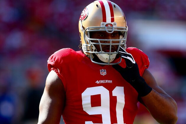 San Francisco 49ers defensive tackle Ray McDonald (91) against the Chicago Bears during the second quarter of an NFL football game in Santa Clara, Calif., Sunday, Sept. 14, 2014. (AP Photo/Marcio Jose Sanchez)