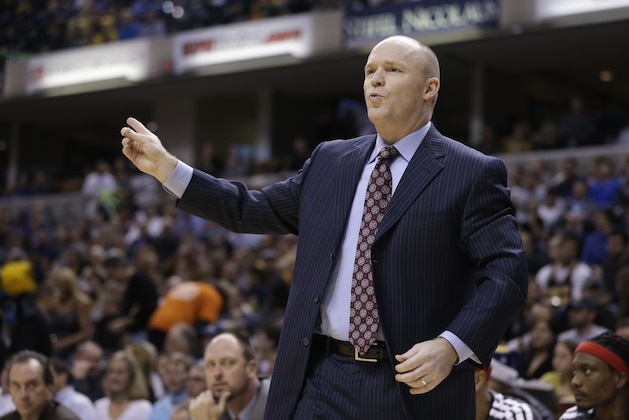 Milwaukee Bucks head coach Scott Skiles questions a call during the first half of an NBA basketball game against the Indiana Pacers Saturday, Jan. 5, 2013, in Indianapolis. (AP Photo/Darron Cummings)