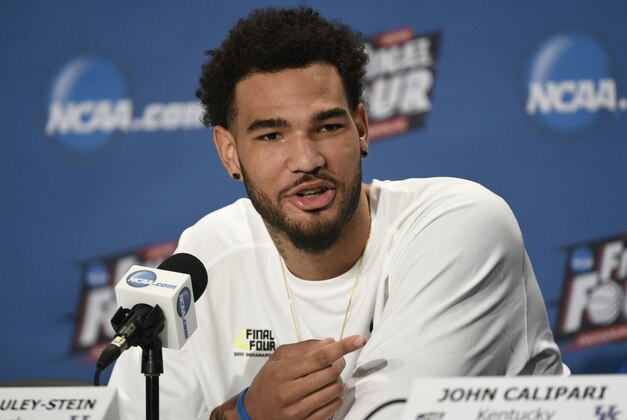 Apr 3, 2015; Indianapolis, IN, USA; Kentucky Wildcats forward Willie Cauley-Stein speaks during a press conference for the 2015 NCAA Men's Division I Championship semi-final game at Lucas Oil Stadium. Mandatory Credit: Jamie Rhodes-USA TODAY Sports
