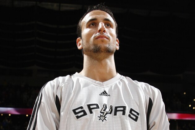 SAN ANTONIO - NOVEMBER 11:  Manu Ginobili #20 of the San Antonio Spurs looks on as the Spurs four championship banners hang from the rafters prior to the game against the Milwaukee Bucks at the AT&T Center on November 11, 2007 in San Antonio, Texas.  The Spurs won 113-88.  NOTE TO USER: User expressly acknowledges and agrees that, by downloading and or using this photograph, User is consenting to the terms and conditions of the Getty Images License Agreement. Mandatory Copyright Notice: Copyright 2007 NBAE  (Photo by Joe Murphy/NBAE via Getty Images)